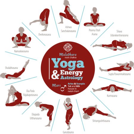 Foto de Vector illustration of yoga positions that activate the root chakra, and in energy astrology the planet Mars (scorpio and aries). - Imagen libre de derechos