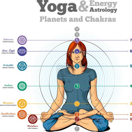 Illustration for Vector Ilustration of chakras, energy centers in the body from energy astrology perspective - Royalty Free Image