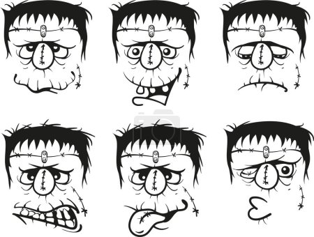 Foto de Halloween set de Frankenstein Cartoon Expression. Set de diseño de portada, etiqueta y embalaje. Ilustración vectorial. Arte de línea. Diseño de etiqueta engomada. - Imagen libre de derechos