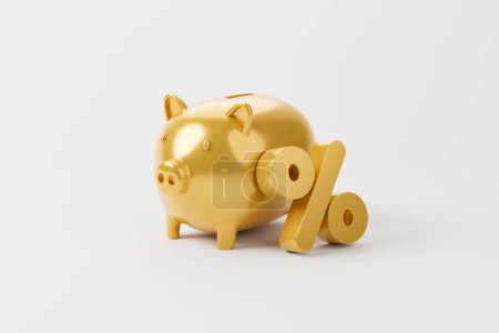 Gold color percentage icon and piggy bank on white background. 3d illustration