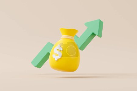 Photo for Money bag with icon dollar currency and arrow growth on background. Save money and investment concept. 3d render illustration - Royalty Free Image