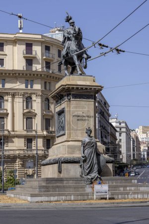 Photo for Naples, Italy - June 27, 2021: Equestrian statue of Vittorio Emanuele II, monument situated on Piazza Giovanni Bovio - Royalty Free Image