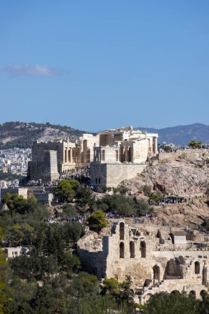 Photo for Athens, Greece - October 17, 2022: View of the Acropolis of Athens with Propylaia, monumental ceremonial gateway, and the Theatre of Dionysus - Royalty Free Image