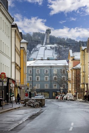 Photo for Innsbruck, Austria - February 26, 2023: View from Leopold street of Bergisel Ski Jump, facility of FIS World Cup in ski jumping . It is the venue of annual Four Hills Tournament competition - Royalty Free Image