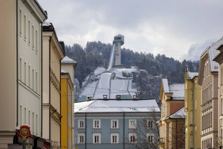 Photo for Innsbruck, Austria - February 26, 2023: View from Leopold street of Bergisel Ski Jump, facility of FIS World Cup in ski jumping . It is the venue of annual Four Hills Tournament competition - Royalty Free Image