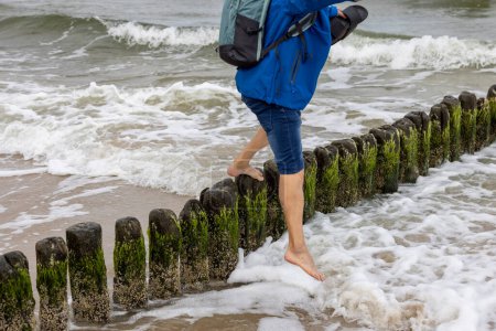 Unrecognizable man walking barefoot on piles of wooden breakwater with green algae in foaming water of Baltic Sea, Miedzyzdroje, Wolin Island, Poland