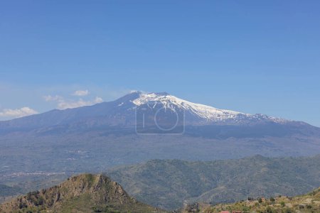 View of Mount Etna volcano from historic path of Saracens (Sentiero dei Saraceni) in mountains between Taormina and Castelmola, along the slope of Monte Tauro, Sicily; Italy