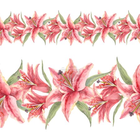 Stargazer Lilies. Pink lily flowers. Watercolor seamless border. Hand-drawn art for greeting cards, invitations and interior decoration. Artistic illustration on white background.