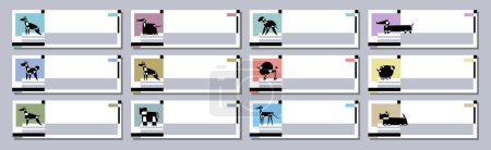 Téléchargez les illustrations : Twelve dog breed silhouettes. Avantgarde graphic style. Web banner template. Vector Illustration on a grey abstract background. - en licence libre de droit