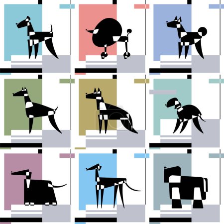 Téléchargez les illustrations : Dog breed silhouettes. Set of card templates. Avantgarde graphic style. Vector Illustration on a grey and blue abstract background. - en licence libre de droit
