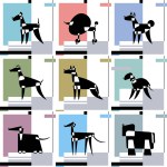Dog breed silhouettes. Set of card templates. Avantgarde graphic style. Vector Illustration on a grey and blue abstract background.