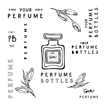 Antique rectangular perfume bottle with glass cap, flower buds and lettering. Black and white fashion sketches. Vector illustration on a white background.