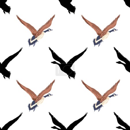Canada geese. Black silhouettes and the color vintage style flying birds. Seamless pattern. Hand-drawn graphic design. Vector illustration on white background.