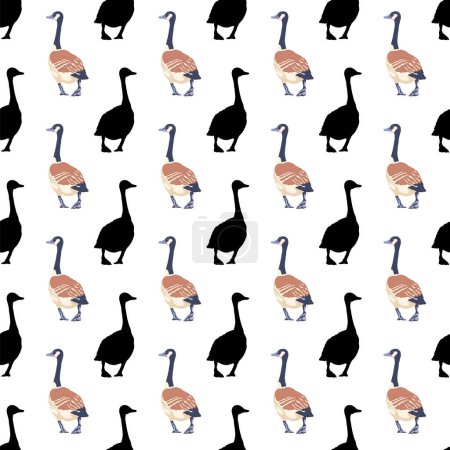Canada geese. Black silhouettes and color vintage style birds moving backwards. Seamless pattern. Hand-drawn graphic design. Vector illustration on white background.