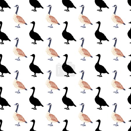 Canada geese. Color profiles of vintage style birds and black silhouettes. Seamless pattern. Vector illustration on white background.