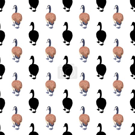 Canada geese. Black silhouettes and color vintage style birds. Seamless pattern. Hand-drawn graphic design. Vector illustration on white background.