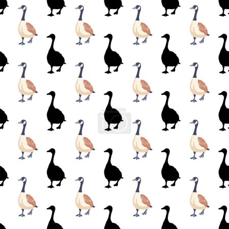 Canada geese. Two birds are moving forward. Black silhouettes and color vintage style birds. Seamless pattern. Hand-drawn graphic design. Vector illustration on white background.