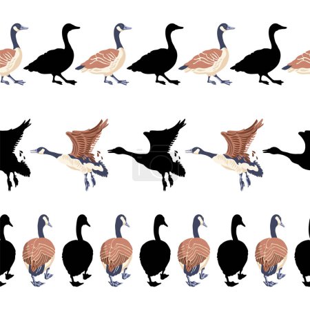Canadian geese. Seamless border. Black silhouettes. Vintage set of birds. Vector illustration on a white background.