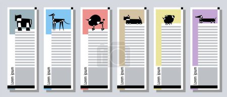Les races de chiens. Des silhouettes. Ensemble de six modèles de bannière web verticale. Style graphique Avantgarde. Illustration vectorielle sur fond abstrait gris.