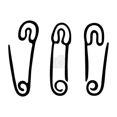 Illustration for Three safety pins. Black and white Icon. Hand drawn vector illustration on white background. - Royalty Free Image