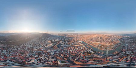 Photo for Dron image with 3D spherical air panorama with 360 degree viewing angle. Ready for virtual reality in vr. Full equirectangular projection. Tbilisi Georgia Old Town Mtacminda. - Royalty Free Image