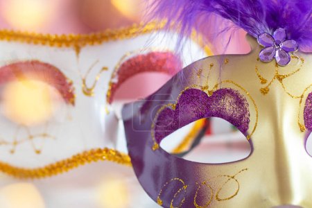 Photo for Festive face mask for carnival celebration. Mardi Gras carnival background with carnival mask. Carnival. bokeh. - Royalty Free Image