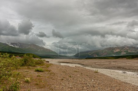 Foto de Denali Park, Alaska, EE.UU. - 25 de julio de 2011: Paisaje, Nubosidad gruesa gris que trae el mal tiempo sobre el ancho lecho de río semi-seco, con cantos rodados y cordillera en la parte posterior. Follaje verde - Imagen libre de derechos