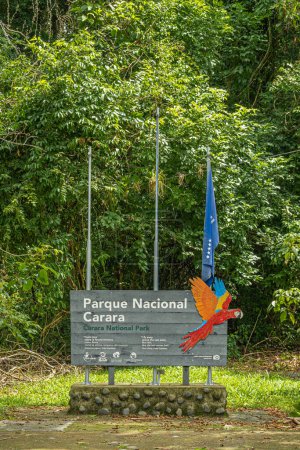 Photo for Costa Rica, Parque Nacional Carara - July 22, 2023: Closeup, official white on gray wood welcome sign with image of scarlet macaw and blue flag. Green foliage as backdrop - Royalty Free Image