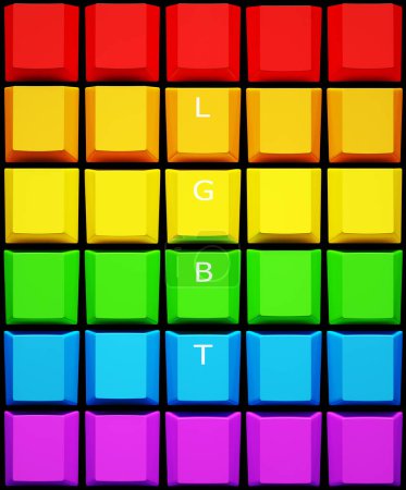 Foto de Teclado LGBT Rainbow Pride Teclas Identidad Digital Online Computadora Comunicación Concepto Letras Rojo Naranja Amarillo Verde Azul Púrpura 3d ilustración render - Imagen libre de derechos