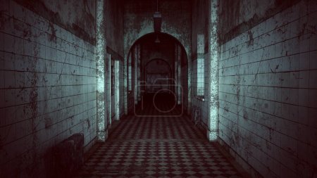 Foto de Asilo abandonado Halloween Dark Film Grain Analogue Edificio gótico estético con cazadores de fantasmas Cámara Flash Ilustración 3D render - Imagen libre de derechos