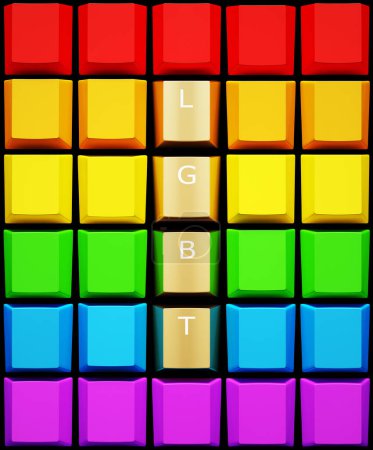 Photo for Gold LGBT Rainbow Pride Keyboard Keys Digital Online Identity Computer Communication Concept Letters Red Orange Yellow Green Blue Purple 3d illustration render - Royalty Free Image