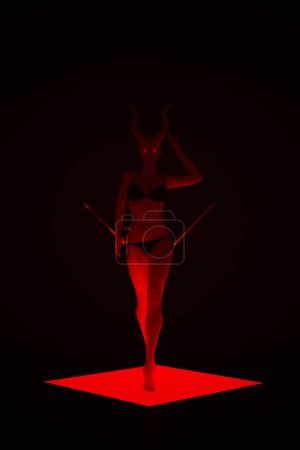 Rojo diablo mujer elegante atractivo baile demonio cuernos ciencia ficción baile piso 3d ilustración render