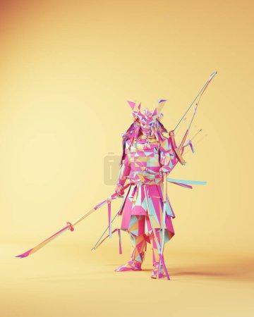 Photo for Japanese Samurai Pink Blue Warrior Polygon Triangles Armour Front View 3d illustration render - Royalty Free Image