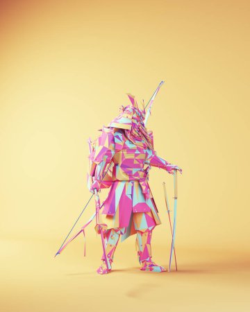 Photo for Japanese Samurai Pink Blue Warrior Polygon Triangles Armour Side View 3d illustration render - Royalty Free Image