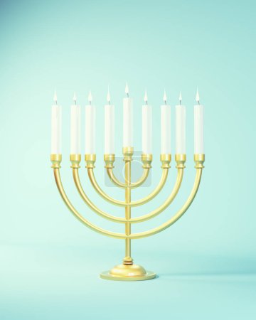 Foto de Hanukkah Gold Menorah Festival of Lights Nueve velas blancas Llama blanca Inicio Templo Israel Símbolo de religión hebrea Jerusalén Fondo 2022 3d illustration render - Imagen libre de derechos