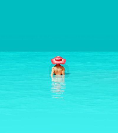 Téléchargez les photos : Chapeau d'été rayé rose Turquoise Océan Noël Vacances d'été Tropical Paradise Beach Island Illustration 3D rendu - en image libre de droit