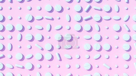 Téléchargez les photos : Comprimés Bleus Plat Lay Pills Grand sur un fond rose Médicaments de soins de santé signe Cercle Couleur pâle Illustration 3D rendu - en image libre de droit