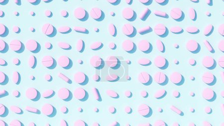 Foto de Pastillas planas rosadas del laico del patrón grande en un fondo azul Medicina de la salud Color pálido 3d ilustración render - Imagen libre de derechos