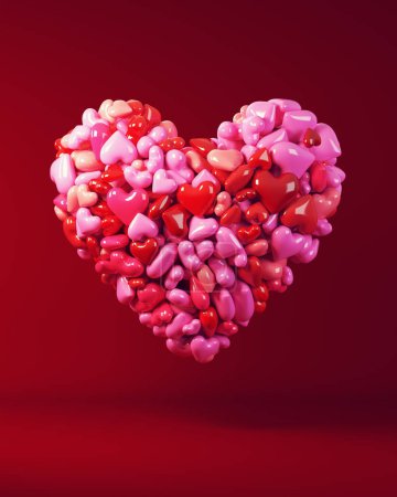 Téléchargez les photos : Coeur rose rouge formé à partir de petits coeurs Saint-Valentin 14 février 2023 Amour Saint-Valentin Forme Symbole de Romance Illustration 3D rendu - en image libre de droit