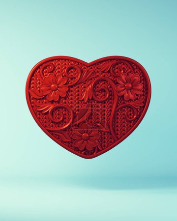 Red Ornate Valentinstag Herz mit Blumen Valentine Love Symbol Blauer Hintergrund 3D-Illustration rendern