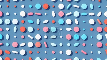 Photo for Pills Tablets Medication White Pink Red Blue Vertical Large Flat Lay Pharmaceutical Healthcare Pattern Mental Health Wellness Banner Background 3d illustration render - Royalty Free Image