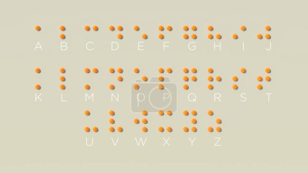 Foto de Alfabeto Braille Sistema de texto Amarillo Naranja Blanco Formado a partir de puntos planteados Día Mundial de Braille 4 Enero Gris cálido Fondo 3d ilustración render - Imagen libre de derechos