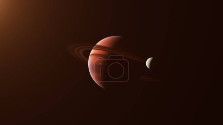 Foto de Planeta Extraterrestre con Anillos y Luna Exploración del Espacio Profundo Naranja Rojo Oscuro Ilustración 3D render - Imagen libre de derechos