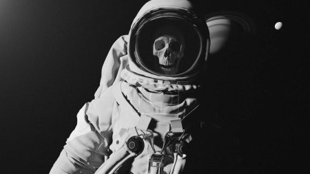 Photo for Astronaut Skull Dead Adrift Deep Space Exploration Sunlight Planet Moon Black an White Analogue Aesthetic Film Grain 3d illustration render - Royalty Free Image