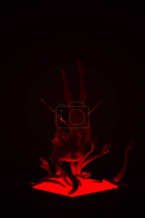 Foto de Mujer paranormal roja cayendo en un hoyo rojo manos brazos agarrando oculto Portal resplandeciente Gateway 3d ilustración render - Imagen libre de derechos