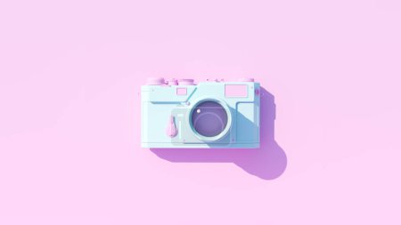 Téléchargez les photos : Caméra de style rétro compacte bleue rose pâle des années 1980 avec objectif Gen Z Rose fond 3d illustration render - en image libre de droit
