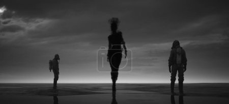 Photo for Smoke Shadow Spirit Silhouette Large Mysterious Woman Walking Across a Beach Men in Hazmat Suit Gloom White an Black Horror Sci-Fi 3d illustration render - Royalty Free Image