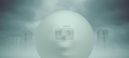 Foto de Cráneo blanco en una esfera blanca transparente de ciencia ficción nublado niebla atmósfera cara abstracta 3d ilustración render - Imagen libre de derechos