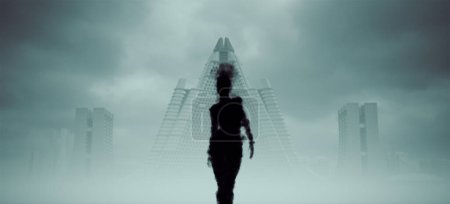 Téléchargez les photos : Smoke Shadow Spirit Silhouette Mysterious Woman Walking in Front of Brutalist Buildings Architecture Sci-Fi 3d illustration render - en image libre de droit