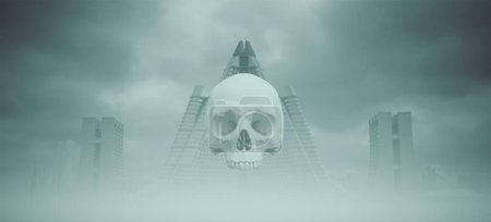 Foto de White Skull Floating in Front of Brutalist Buildings Overcast Mist Atmosphere Abstract Face 3d illustration render - Imagen libre de derechos